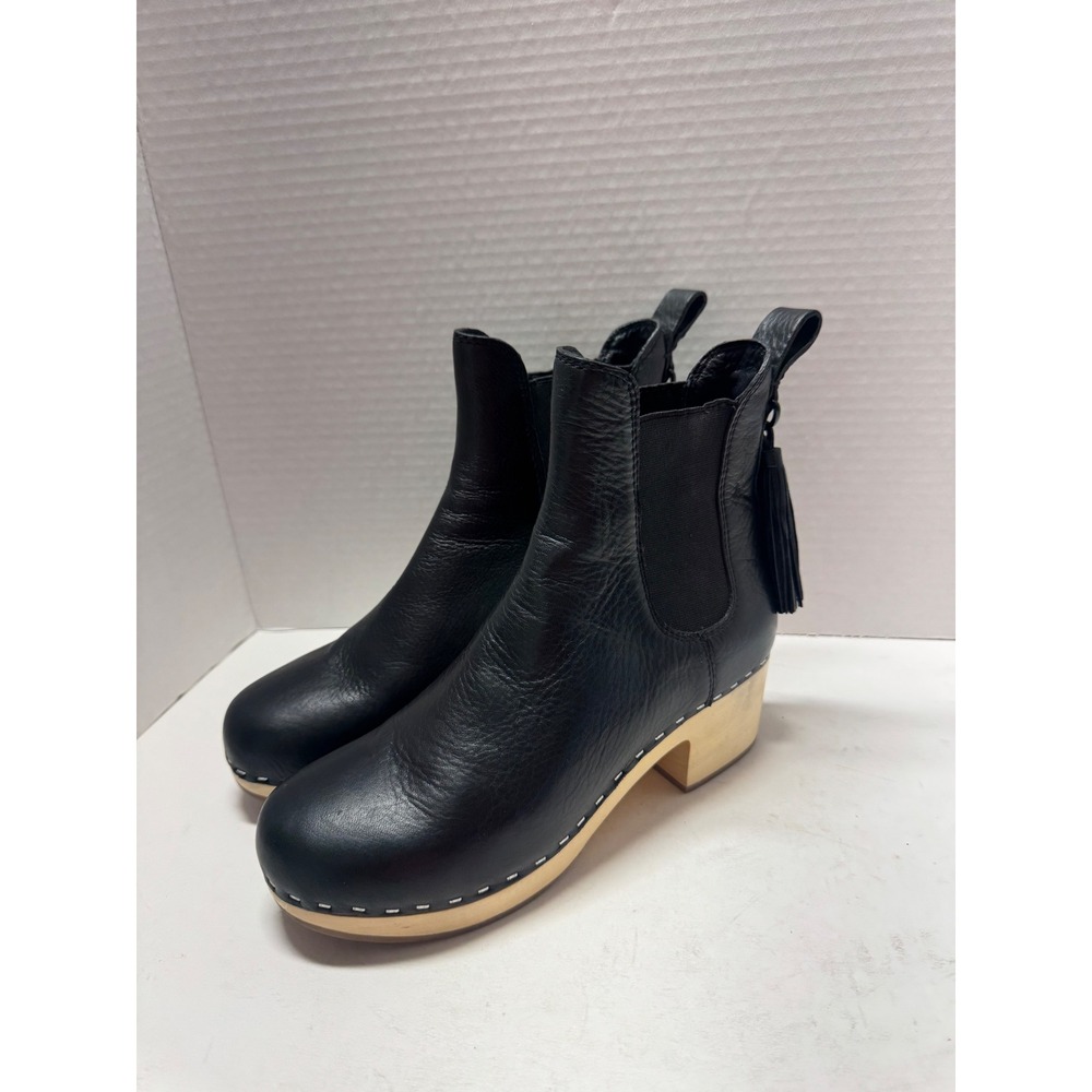 Loeffler Randall Black Leather Tassel Clog Chelsea Boots Wood Heel Studded 5